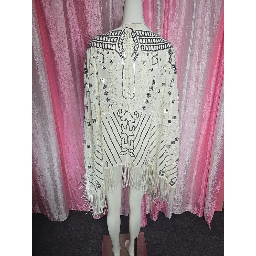 Anna Kaci Exquisite White Sequin Fringe Statement Shawl Wrap One Size